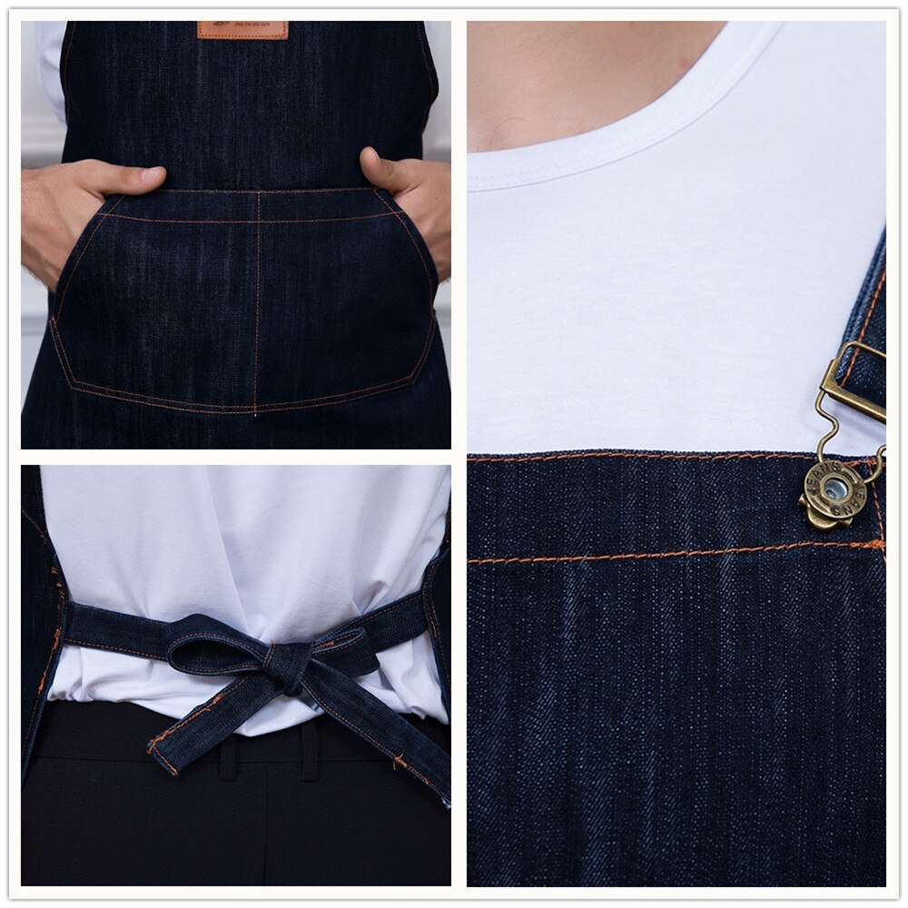 Black Blue Unisex Adjustable Strap Denim Chef Food Service Backless Restaurant BBQ Cafe Bakery Waiter Work Uniforms Cook Aprons