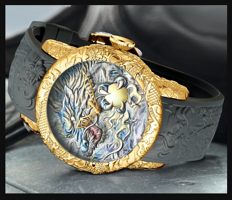 Reloj de cuarzo con escultura de dragón 3D para hombre, cronógrafo de oro negro, resistente al agua, esfera grande, , de pulsera, grabado en 3D