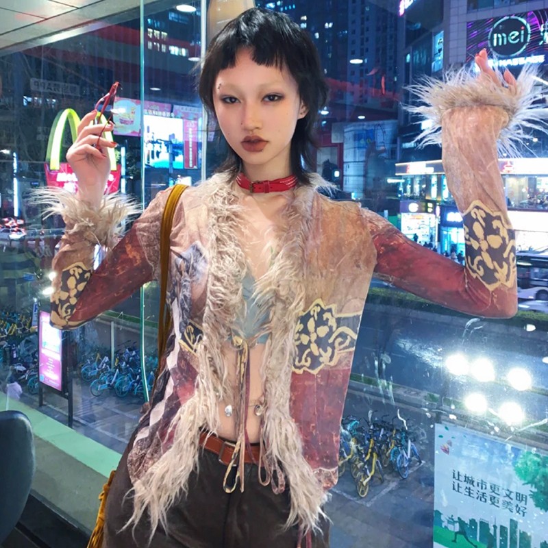 Karrram-camisa con borlas Grunge Y2k, Tops de malla estética, blusas japonesas Harajuku, Camisa de algodón con estampado Irregular Vintage de los años 2000