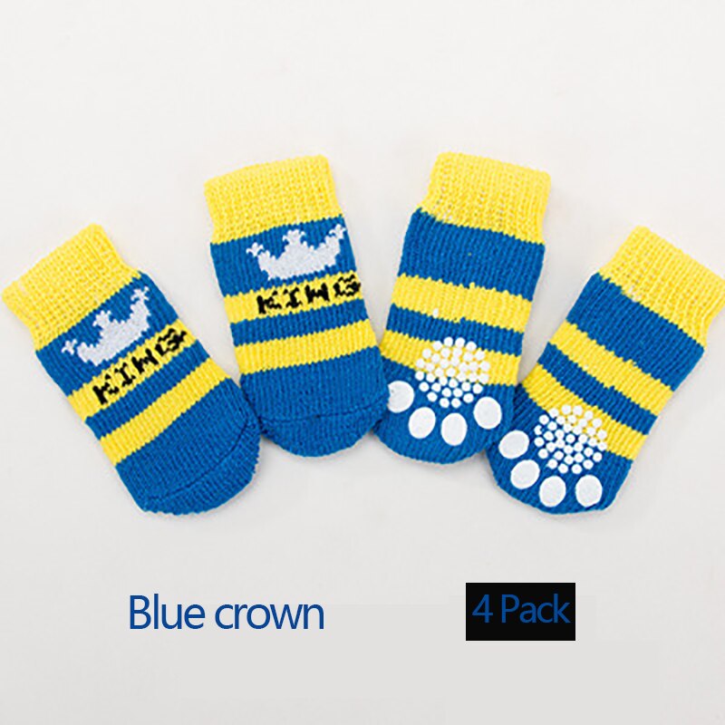 4 Pak Huisdier Sokken Antislip Bodem Puppy Hond Sokken Hond Voet Cover Teddy Poedel Katoenen Sokken voor Honden Sokken Bulldog: Blue crown / S