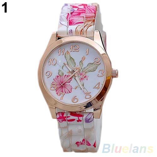 Mode Vrouwen Bloemenprint Silicon Band Arabische Cijfers Wijzerplaat Quartz Horloge Armband