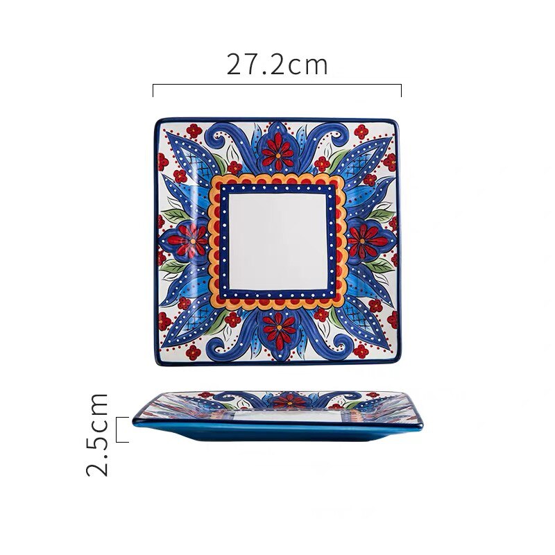 Bohemia Style Ceramic Dinner Plate Set Steak Salad Sushi Fish Plate Soup Rice Bowl Milk Coffee Mug Cup: 10inch square plate