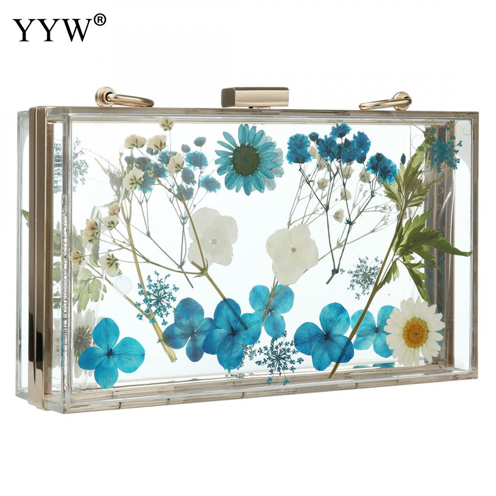 Acrylic Transparent Floral Evening Clutch Wedding Bridal Cute Wallet Women Tote Pack Clear Hard Box Metal Chain Shoulder Bags