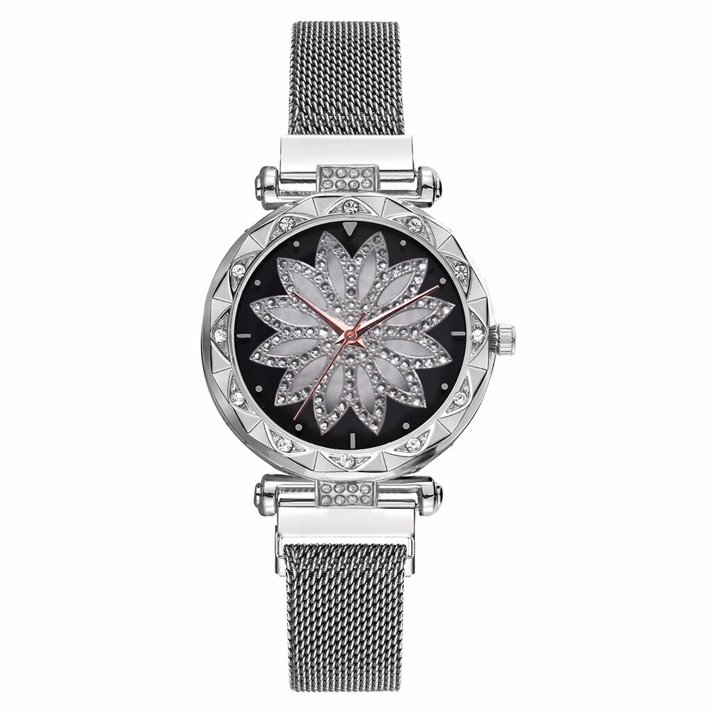 Dam magnet spänne stjärnhimmel blomklocka lyx dam strass kvarts klocka klocka relogio feminino: Silver-