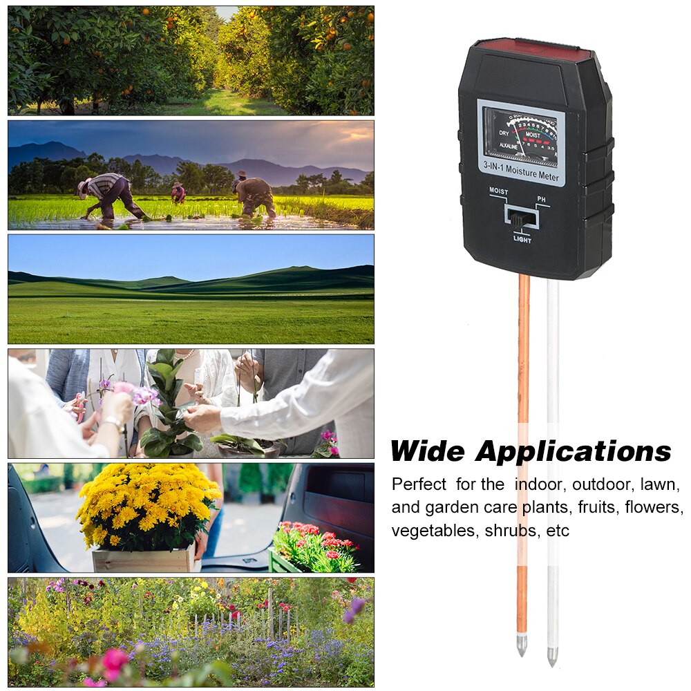 3-in-1 Soil pH Light Moisture Meter Soil Test Kit for Indoor Outdoor Garden Lawn Farm No Battery Required