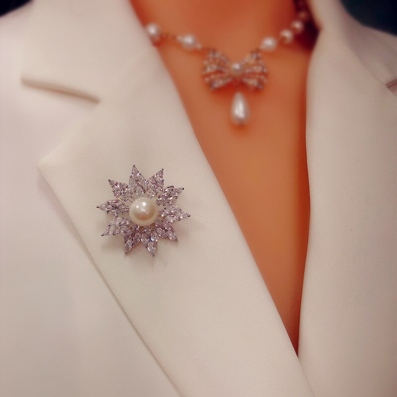 Broschen für damen,  s925 imitationsperlen, zirkonia, schneeflocken-schalnadel, brosche, korsagen, edler schmuck