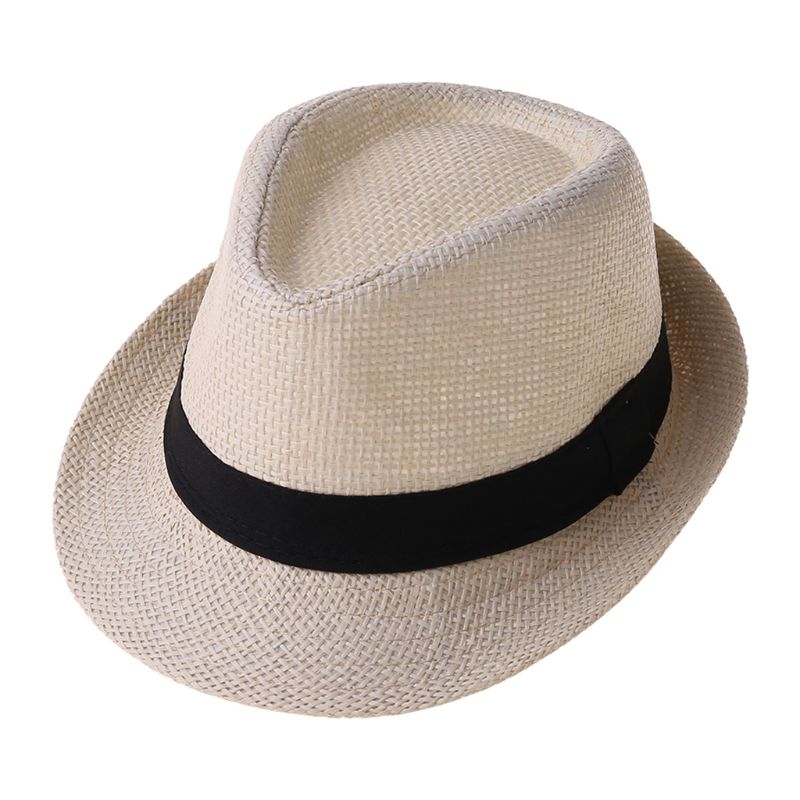 Bambini bambini estate spiaggia cappello di paglia Jazz Panama Trilby cappello Fedora Gangster cappelli traspiranti all&#39;aperto ragazze ragazzi cappello da sole: Beige D