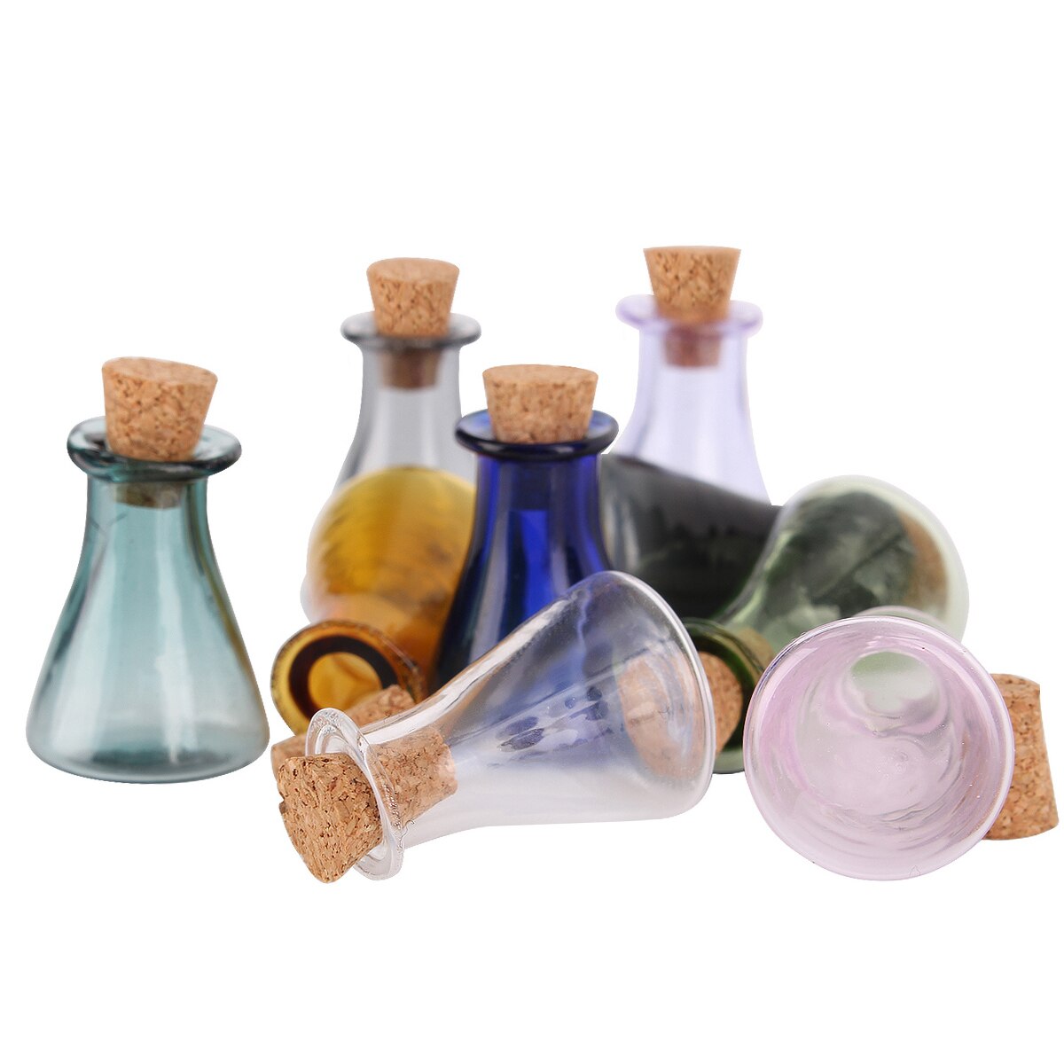 9 Stuks/partij Mini Gekleurde Glazen Flessen Met Kurk Miniatuur Flesjes Tiny Kolf Kleine Containers Voor Bruiloft Gunsten