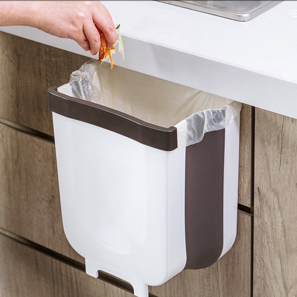 Wall Mounted Folding Waste Bin Kitchen Cabinet Door Hanging Trash Bin Garbage Car Trash Can Wall Mounted Foldable Cleaning