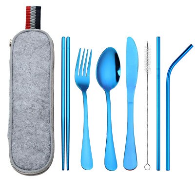 8 stk / sæt bordservice genanvendeligt rejsebestikssæt camp redskaber sæt med rustfrit stål ske gaffel spisepinde halm bærbar sag: Blå