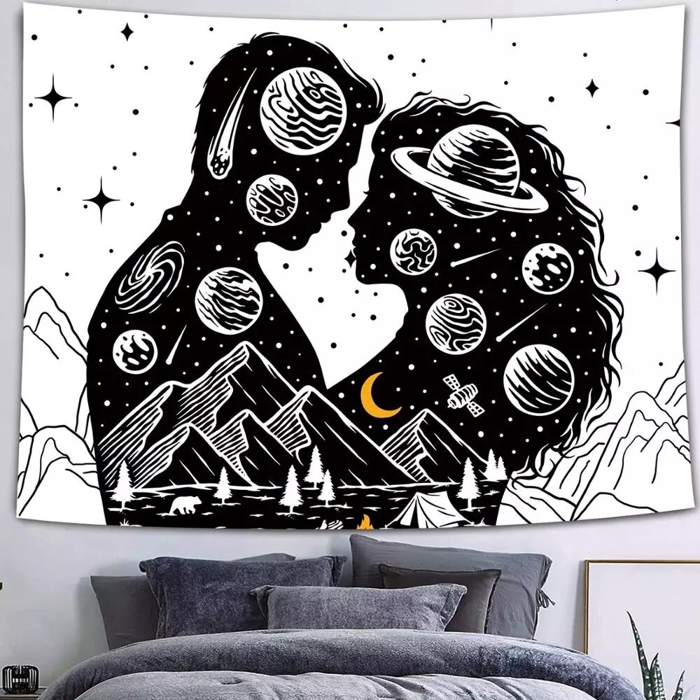Tapiz gótico de Calavera, Luna, estrellas, cielo estrellado, montaña, negro y blanco, constelación romántica, tapiz para colgar en la pared, decoración estampada