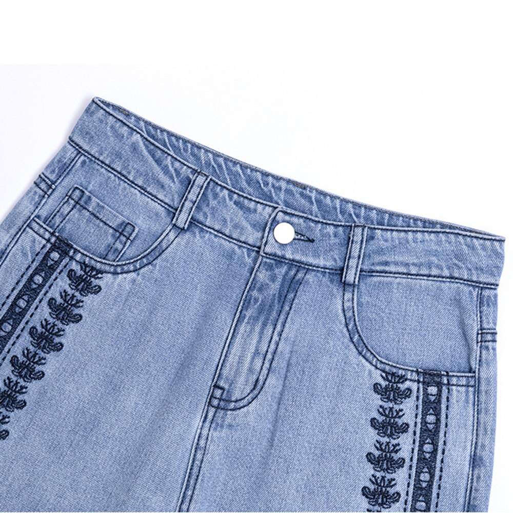 Pantalones vaqueros de pierna ancha con bordado para mujer, Vaqueros holgados de talla grande con borde suave en bruto, cintura Extra larga, 2022