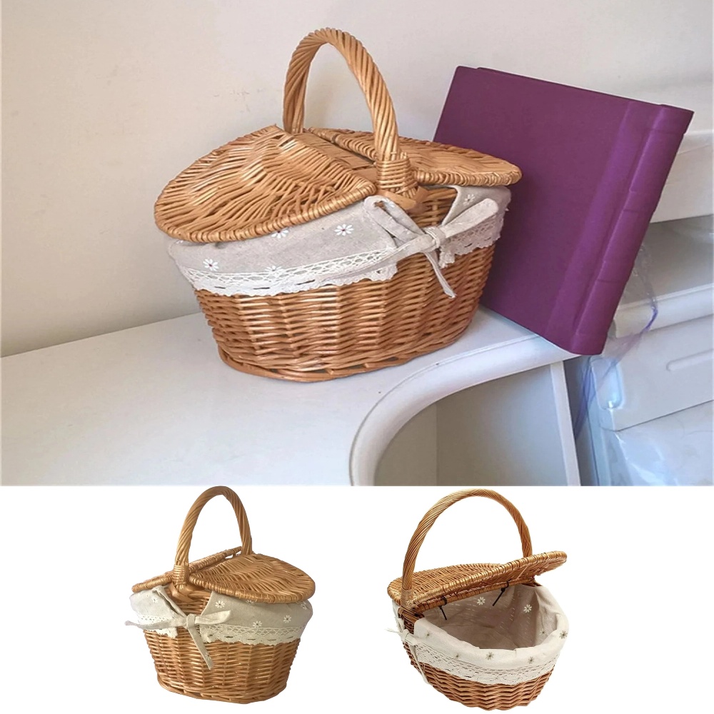 Wicker Picnic Basket With Lid And Handle,Sturdy Handmade wicker storage baskets Large Capacity Outdoor Camping basket