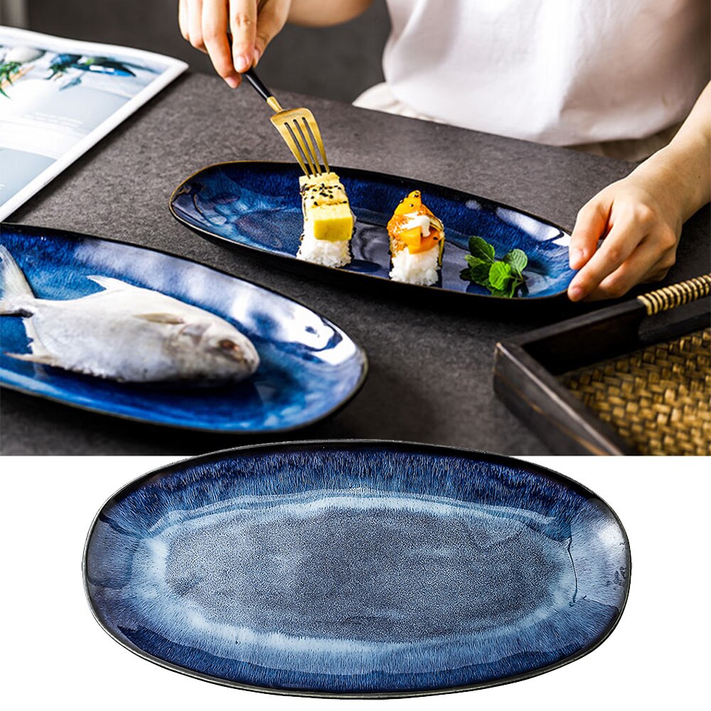 Blue Fish Plate Household Steamed Fish Fruit Dish Food Tray Food Large Serving Plate Large Glaze Color Sushi Plate For Kitchen