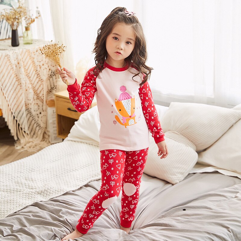 Kinderen Winter Warme Lange Mouw Ondergoed Sets Jongens En Meisjes Leuke Print Pyjama Nachtkleding Nachtkleding: Red / 90cm