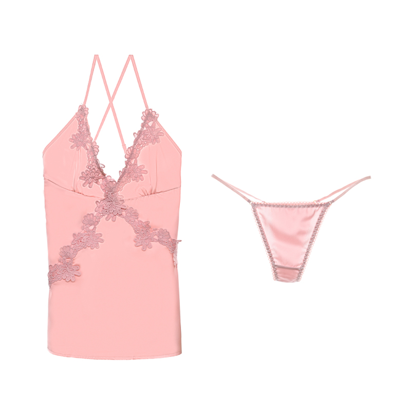 Meet'r satijnen nachtkleding voor dames, sexy nachtjurk met borduurwerk, open rug, v-hals pyjama met string, nachthemd met bandjes, nachtkleding voor thuis.: Ik / Roze