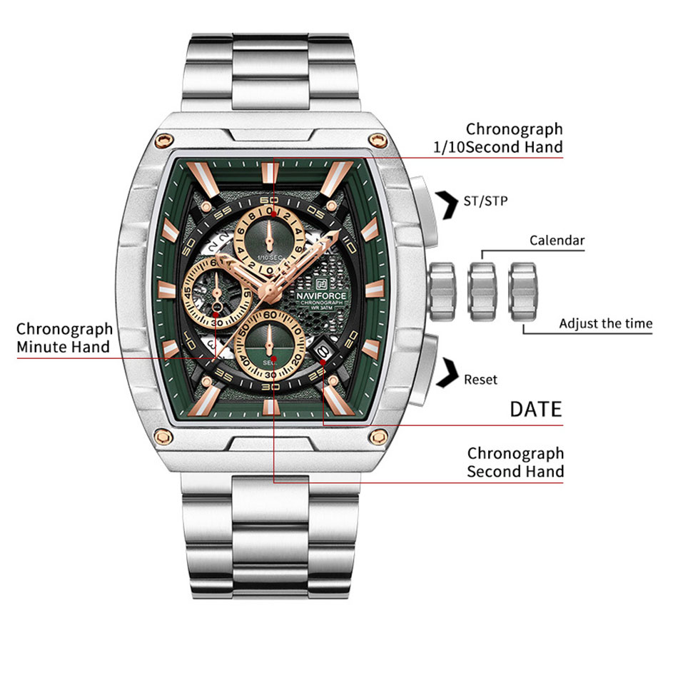 NAVIFORCE zegarek kwarcowy dla mężczyzn moda wodoodporny świecący chronograf zegarek Auto data pasek ze stali nierdzewnej zegar prezent