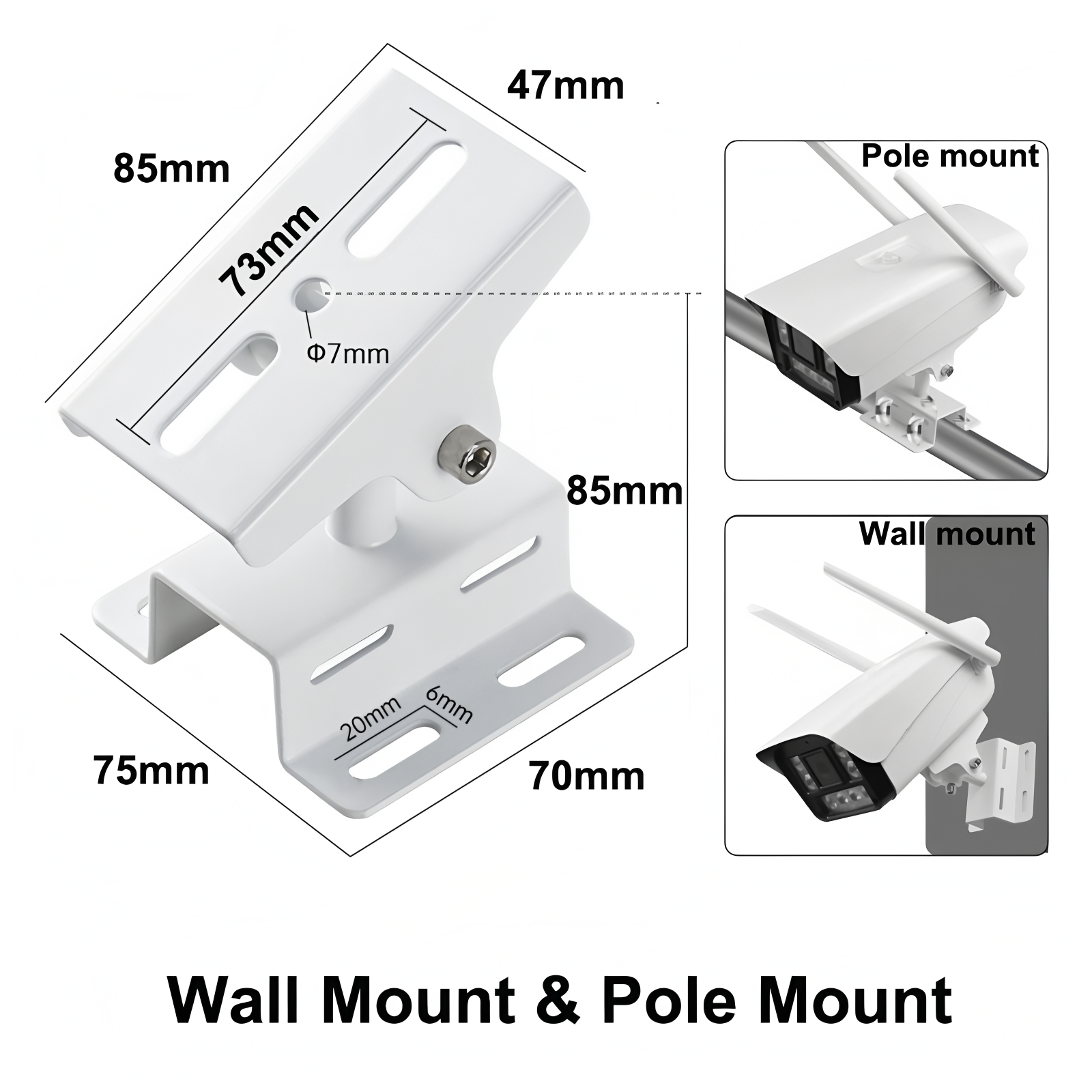 Universal CCTV Camera Mount Bracket, Wall/Ceiling/Pole Installation, Adjustable Clamp & Swivel Joint, Steel Material, White