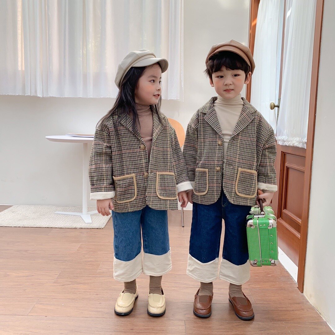 Baby Girls and Boys Lon Sleeve Cotton Casual Plaid Long Sleeve Jacket Coat Toddler Kids Coffee Suit Lapel Collar Top