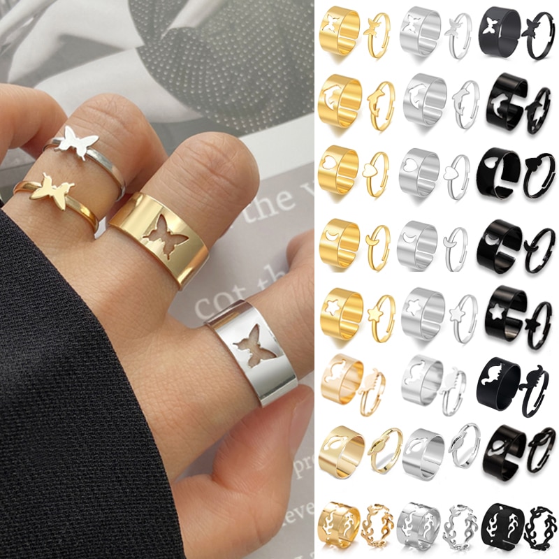 LATS-Anillos abiertos para mujer y niña, joyería gótica, Punk, negra, Vintage, Simple, Animal, mariposa, estrella, Luna, corazón, llama