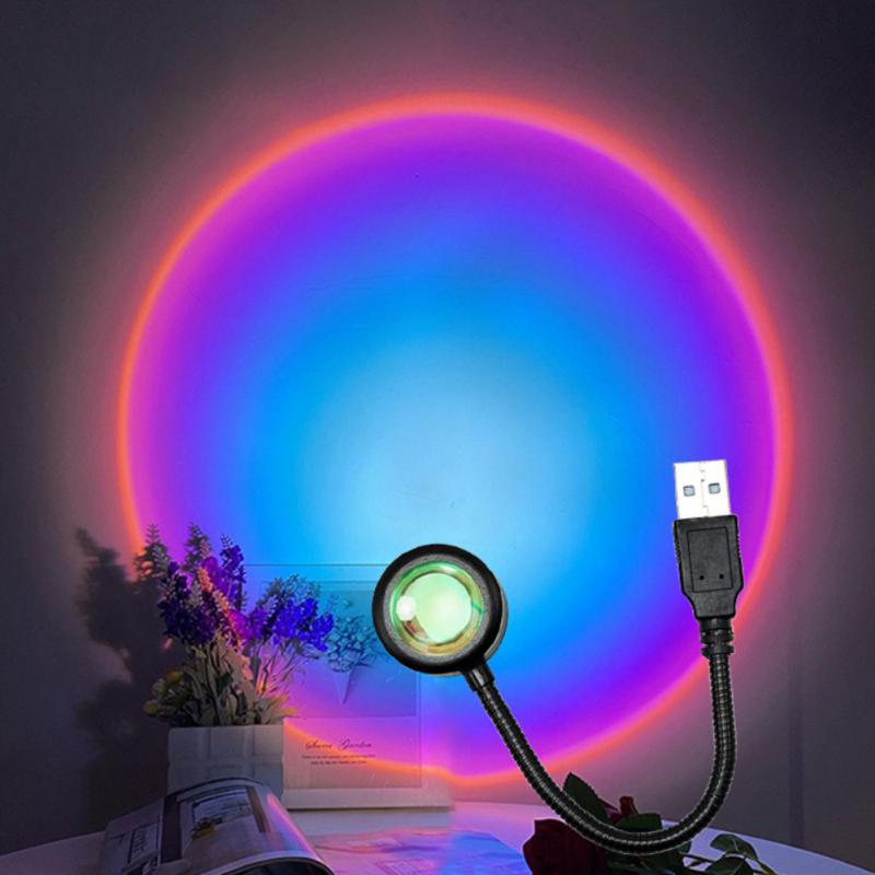 USB Solnedgang Projektor Lampe - 14 Tilstande Regnbue - Atmosfære Lys til Værelse Baggrund: Sort