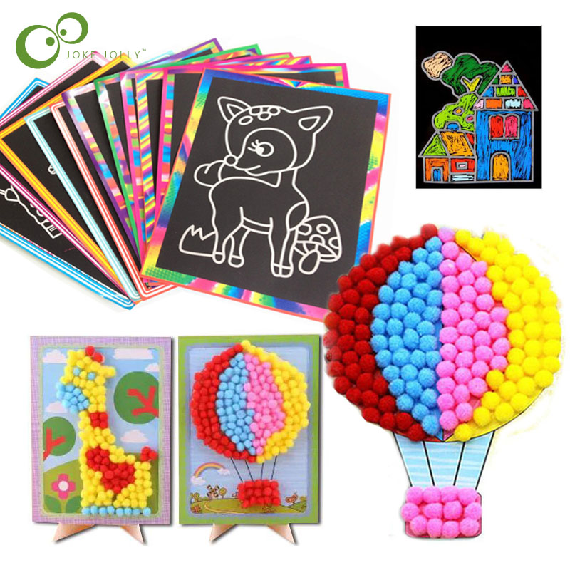 1pc DIY Plush Ball Painting Stickers Children Educational Handmade Puzzles 5pcs small Scratch Art Paper Magic Painting Paper WYQ