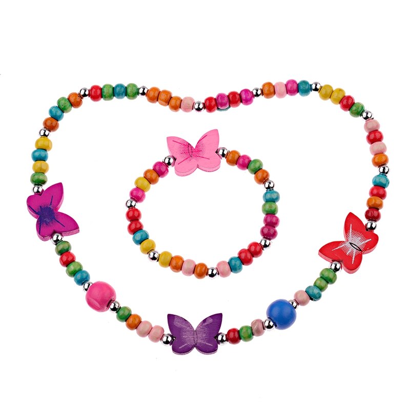 1Set Lovely Girl's Wooden Necklaces Lovely Colorful Heart Shape Beads Necklace&Bracelet Jewellery Set Birthday CS26: 03