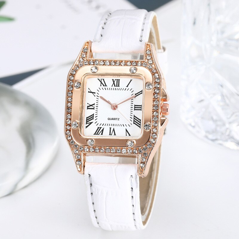 Vierkante Luxe Diamant Vrouwen Horloges Set Lederen Dames Horloge Waterdicht Vrouwelijke Quartz Horloge Relogio Feminino Reloj Mujer: white