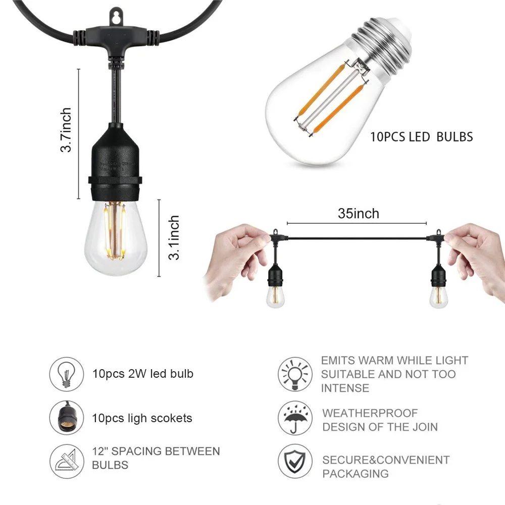 Tira de luces LED S14 para exteriores, bombillas impermeables de grado comercial, 10m, 20m, 30m, conectables, para jardín, vacaciones y bodas