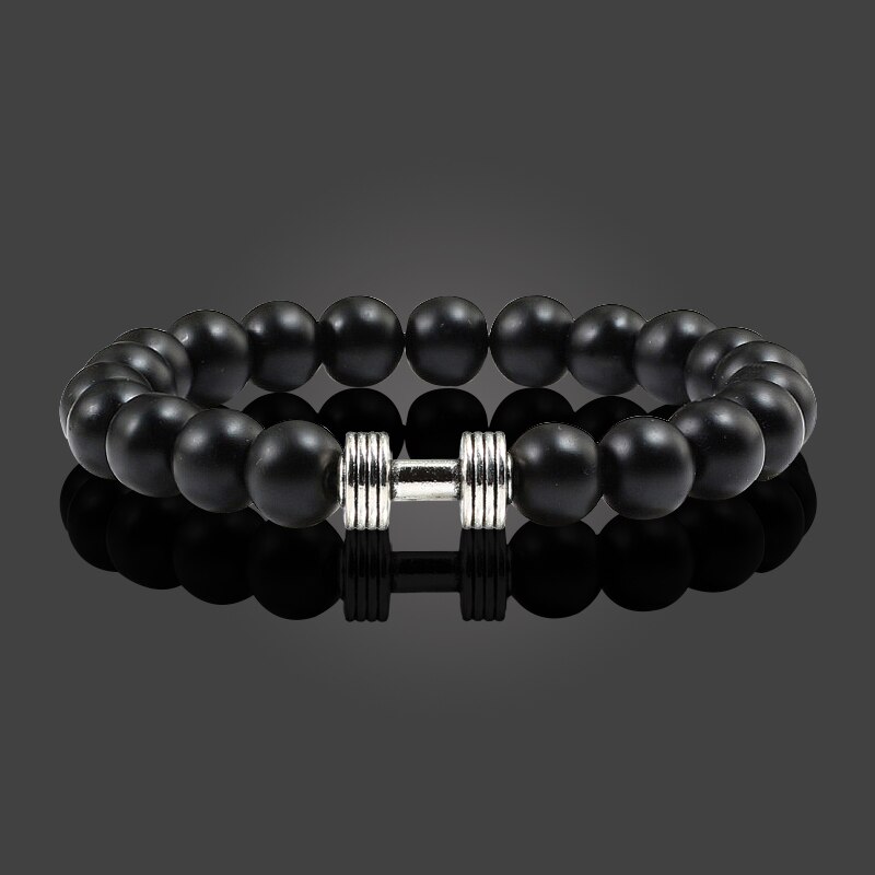Kausalen Männer Armband Schwarz Natürliche Stein Lava Perlen Legierung Fitness gym Hantel Armbänder Armreifen Charme Frauen Männlichen Outdoor Schmuck