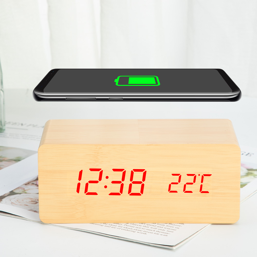 Wooden Alarm Clock With Qi Wireless Charging Pad Compatible With For Iphone Samsung Wood Led Digital Clock Sound Control Funct: Bamboo red