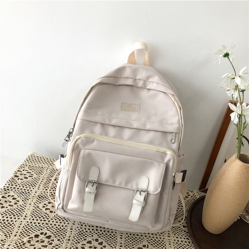 DCIMOR-Mochila de nailon impermeable para mujer, bolso de viaje con hebilla para cinturón, Mochila escolar con bolsillo, Kawaii, para adolescentes: white / only backpack