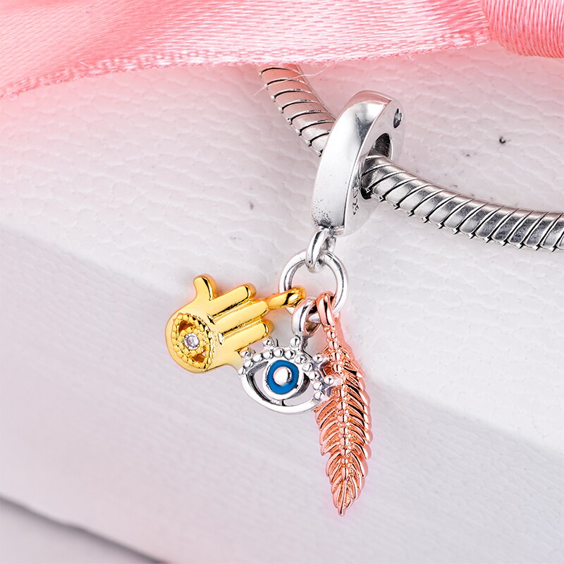 Beads fits for Necklaces Bracelets 100% 925 Sterling-Silver-Jewelry Shine Hamsa Eye Feather Charms