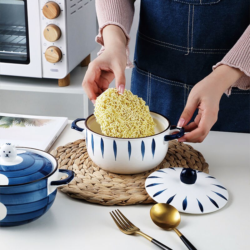 8 Inch Keramische Instant Noodle Kom Met Deksel Dubbele Oren Japanse Stijl Grote Capaciteit Student Slaapzaal Gebruik Soepkom ramen Kom