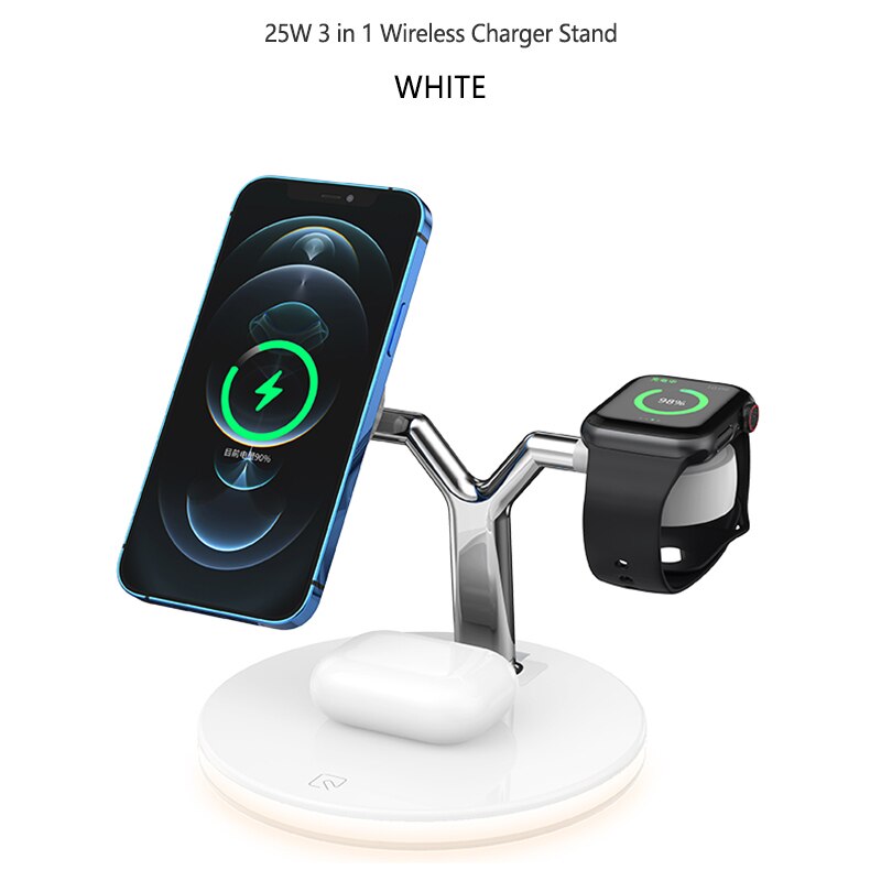 25w 3 in- 1 magnetisches kabelloses lade-nachtlicht für iphone 12 pro max 11 x kabelloses laden für apple watch 6 5 airpods /2 4: Weiß