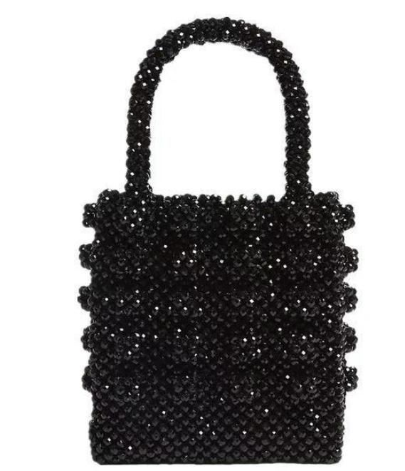 Crystal Evening Bag - Woven Bead Handbag - Soft Tote Bag - Two Handles - SATSEED: Black / S