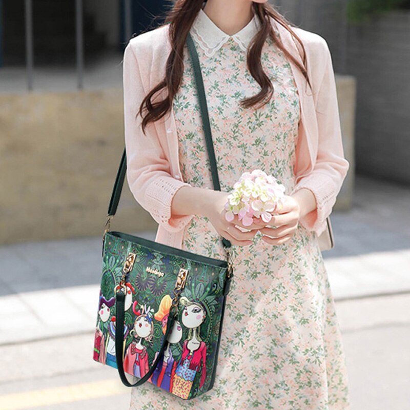 6 Pcs/Lot dessin animé impression femmes Composite sac de Durable en cuir PU sac à bandoulière femme Portable sac à provisions