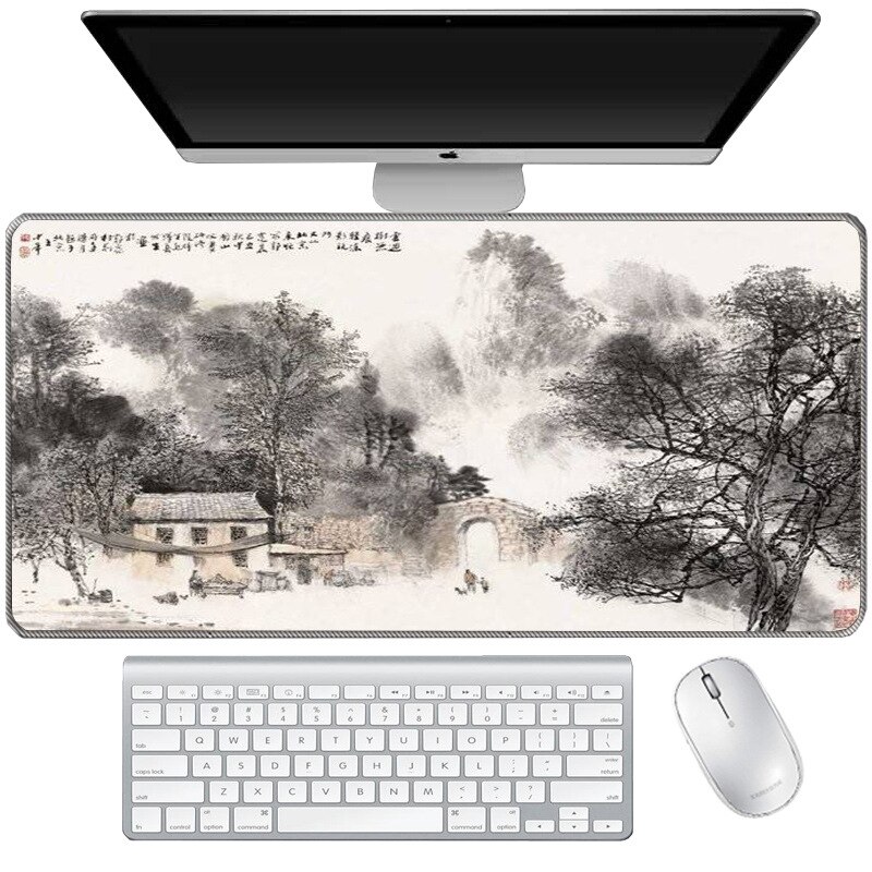 Ink painting mouse pad black and white gray three-color office computer non-slip mouse pad extra long table mat: Ink painting3
