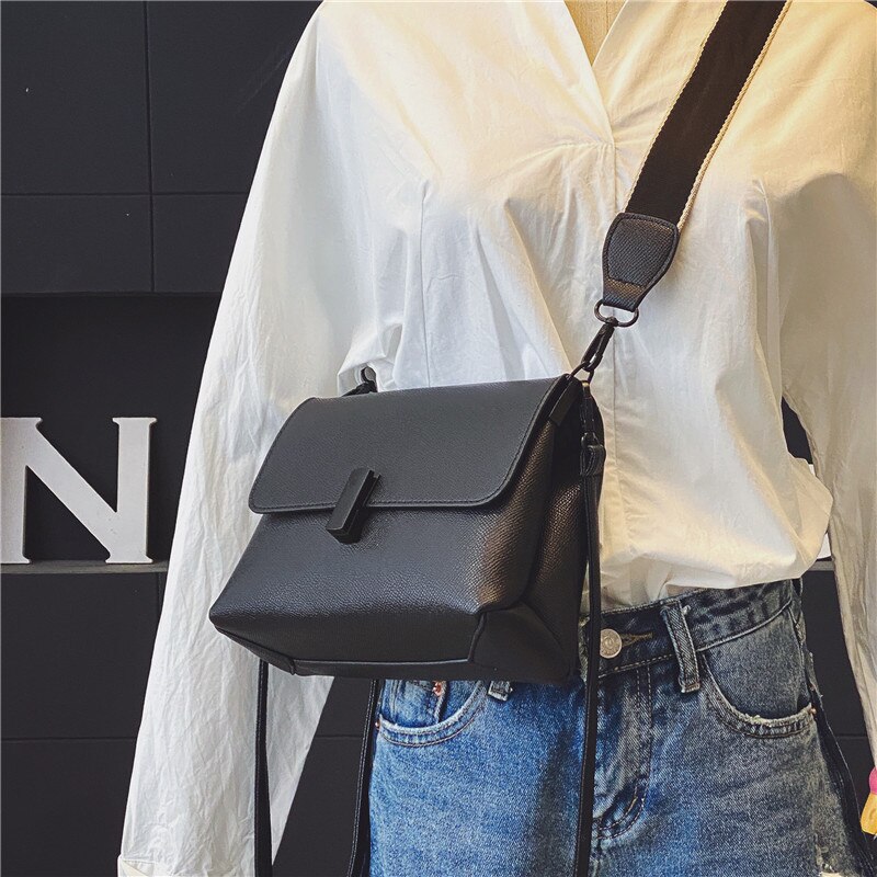 Solid color Flap Crossbody bag High Leather Women's Handbag Wide Shoulder strap Shoulder Messenger Bag