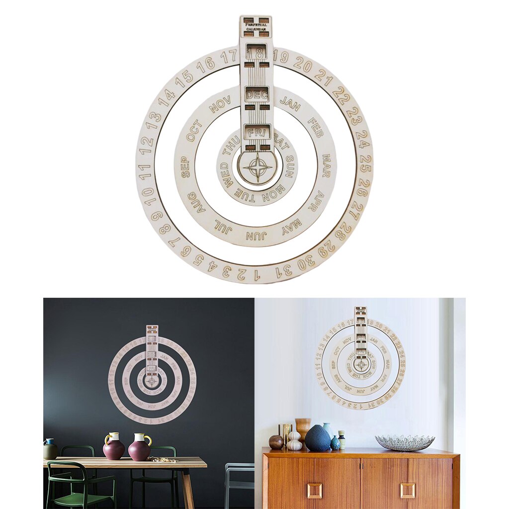 Round Wooden Adjustable Perpetual Wall Calendar Rotatable Circular DIY Calendar Retro Home Decoration