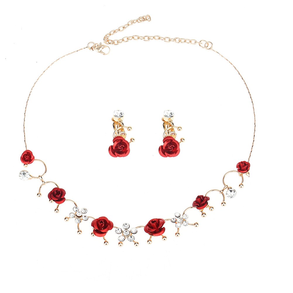 Vrouwen Elegante 1 Paar Oor Clip + 1 Ketting Rode Bloem Casual Jurk Accessoire Mode Legering Oor Clip Neckless Sieraden set