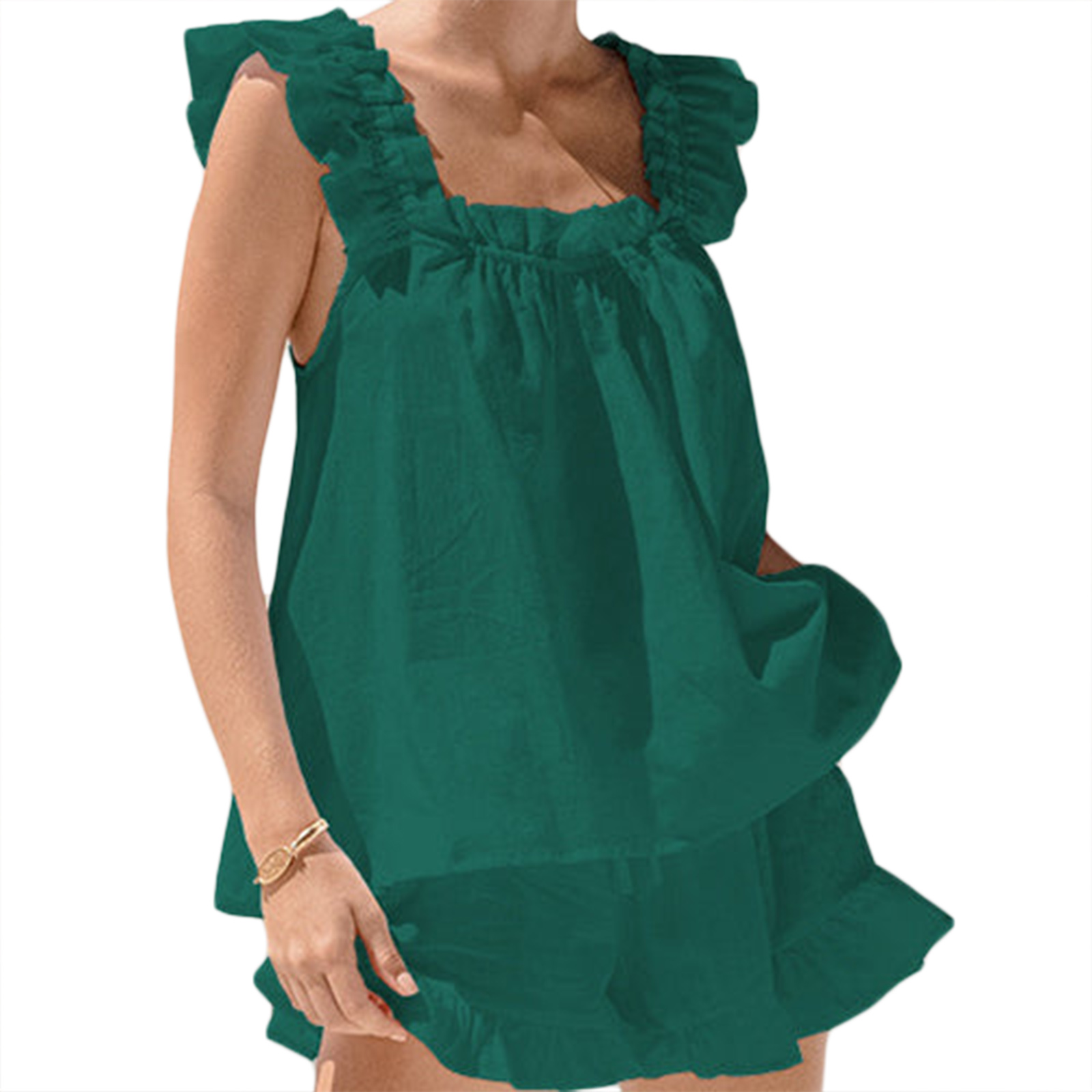 Damen Schlafanzug setzt Damen Sommer 2 Stück Schlafanzug setzt ärmellose rücken freie Schlinge Weste einfarbige Rüschen kurze Hose Streetwear y2k: S / Grün