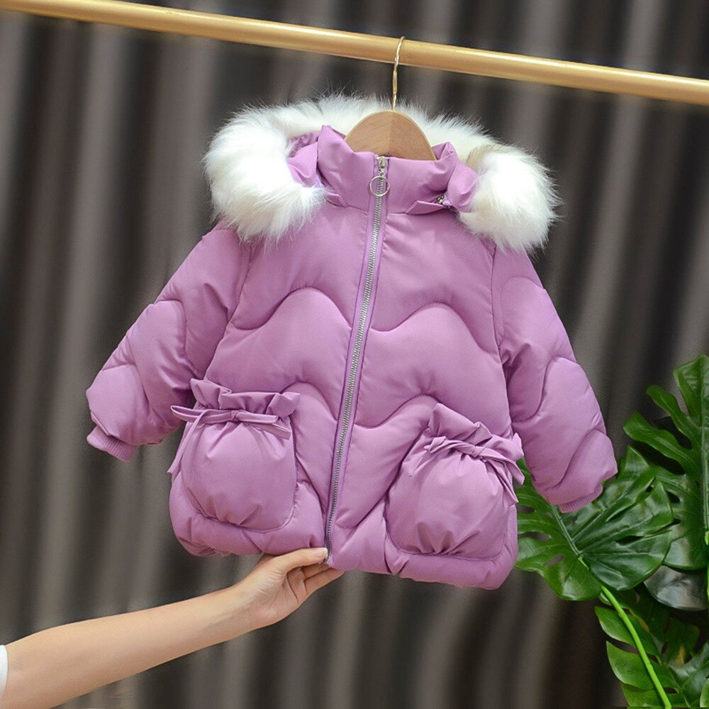 Warme winter kinderen baby meisjes jas baby's kinderen bont capuchon dikke prinses parka's bovenkleding casacos jassen sneeuwkleding  s11545: Paars / 2t