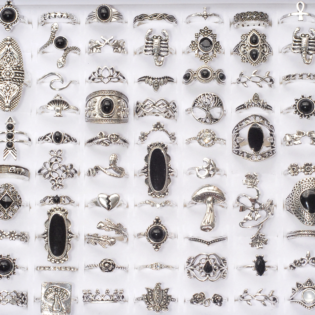 20/30/50pcs Bulk Mix Bohemia Vintage Rings For Women Ancient Silver Plated Metal Charms Party Finger Jewelry