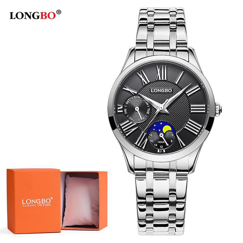 Longbo Quarzuhr Liebhaber Uhren Frauen Männer Paar Analog Voller Edelstahl Geschäft Armbanduhren lässig Gold 1/stücke: Schwarz Frau Geschenk Kasten