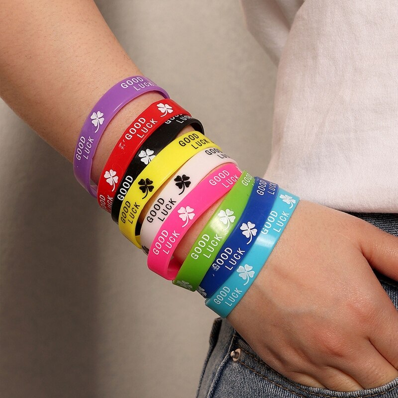 9 Pcs buona fortuna quadrifoglio elasticità mano braccio polsino braccialetti in Silicone per bambini ragazzi ragazze donne gioielli