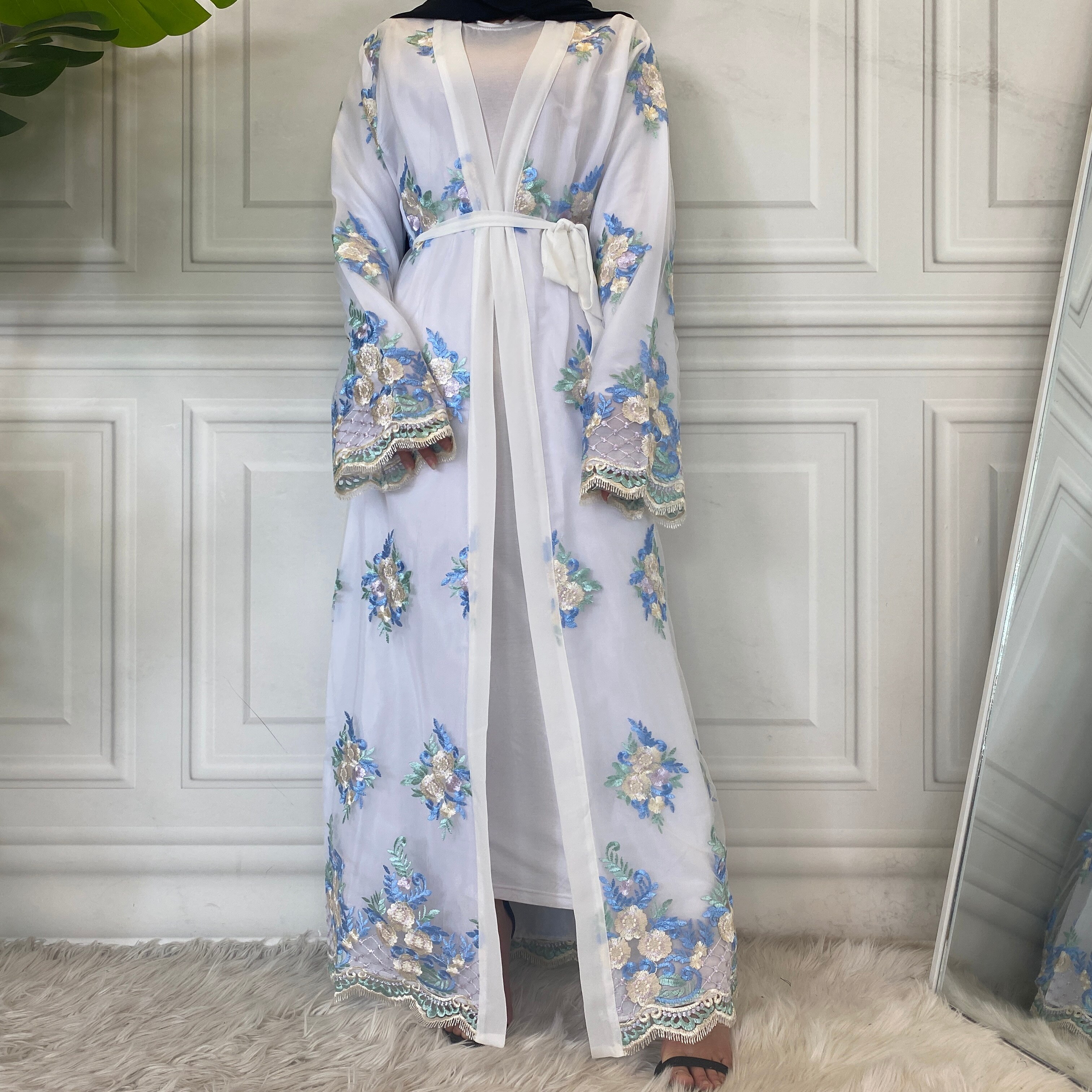 Abaya – Robe longue en dentelle brodée pour femmes, style musulman, modeste, dubaï, nouvelle , Cardigan, jupe Kimono