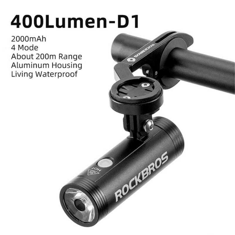 ROCKBROS-Foco de manillar delantero para bicicleta, linterna LED para ciclismo, accesorios para bicicleta de montaña: D1-400 and holder B