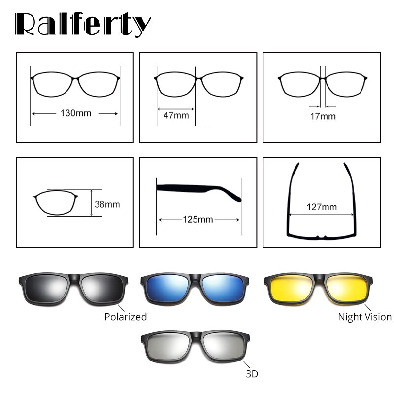 Ralferty student 5 in 1 magnetisk solbrille børn børn klip på briller  tr90 optiske recept briller stel 3d brille  tr8006