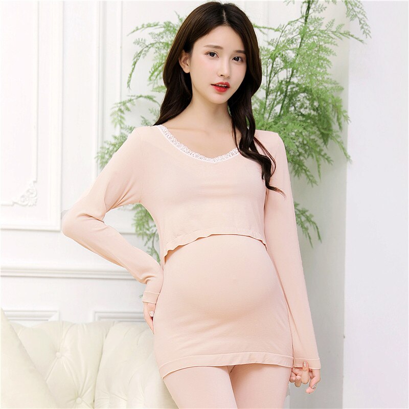 Nueva ropa de dormir de invierno, conjunto Prenatal posparto, ropa interior cálida de otoño para mujeres embarazadas, engrosamiento de sueño de lactancia: Skin